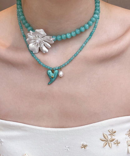 Blue Alloy Love Pearl Cat's Eye Stone Beading Pendant Necklace Two-piece Set