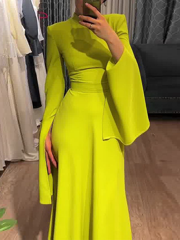 Ruffle Sleeves Skinny Belted Color Round-neck Maxi Dresses