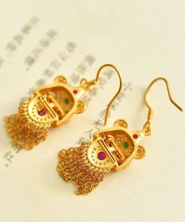 Gold Gem Stone Tassel Silver Drop Earrings