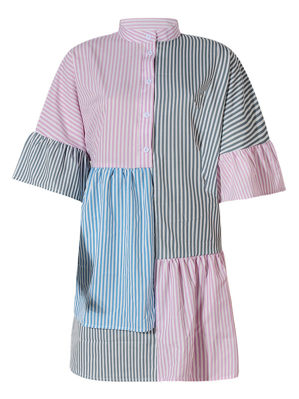 Long Sleeves Loose Buttoned Contrast Color Pleated Split-joint Striped Stand Collar Mini Dresses Shirt Dress