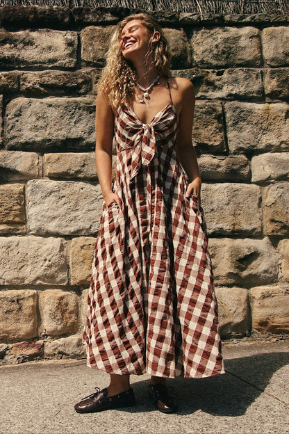 Plaid Buttoned Halter Midi Dress