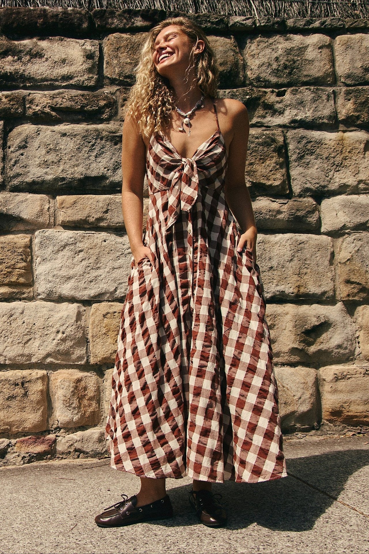Plaid Buttoned Halter Midi Dress