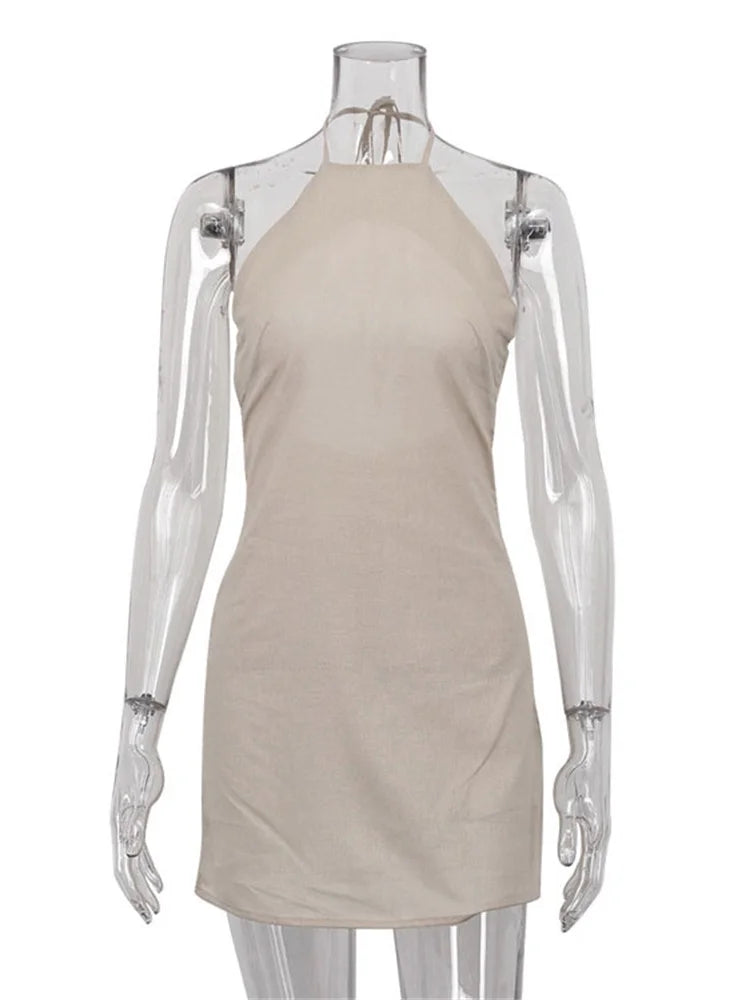 Female Backless Mini Dress Lace-up Basic Hanging Neck Patchwork Off-shoulder Dress Dress