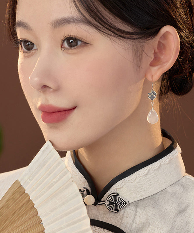 Brief White Sterling Silver Jade Fan-shaped Drop Earrings