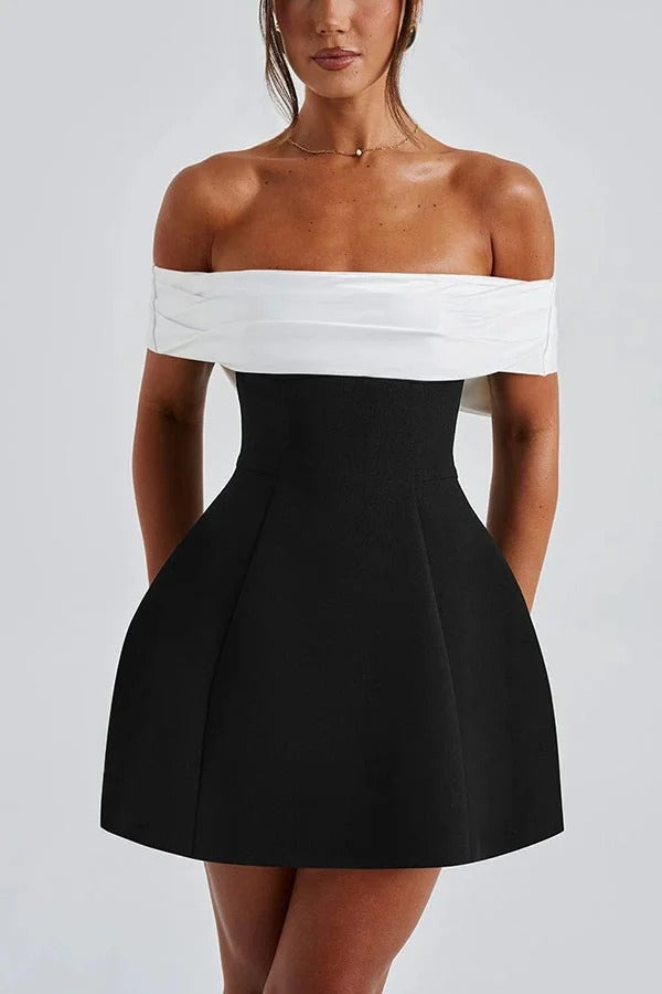 Contrast Off-the-shoulder Bow-embellished Mini Dress