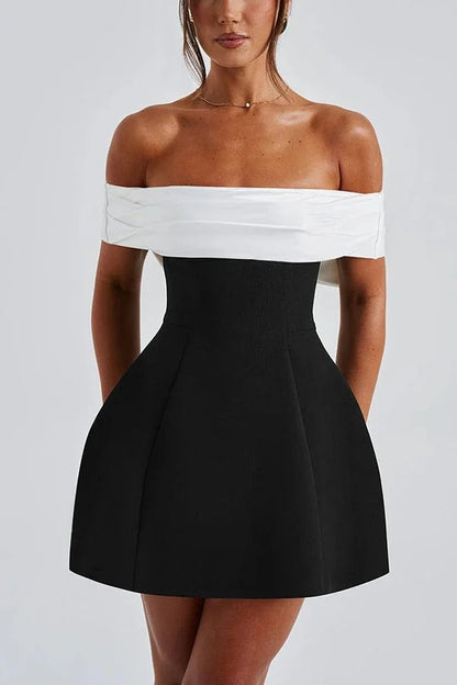 Contrast Off-the-shoulder Bow-embellished Mini Dress