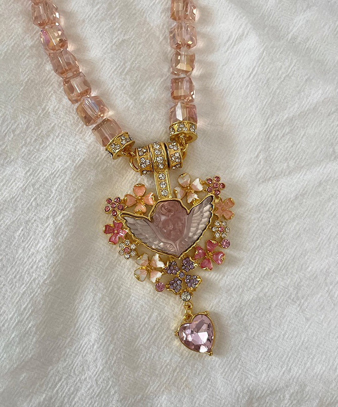 Unique Pink Alloy Acrylic Crystal Love Pendant Necklace