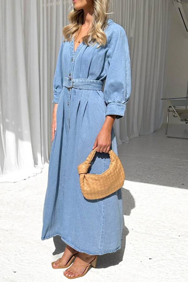 Waist Button-down Denim Maxi Dress