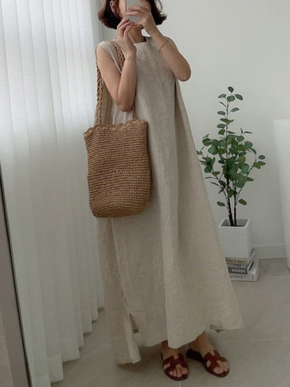 Simple Color Split-side Round-neck Sleeveless Midi Dress