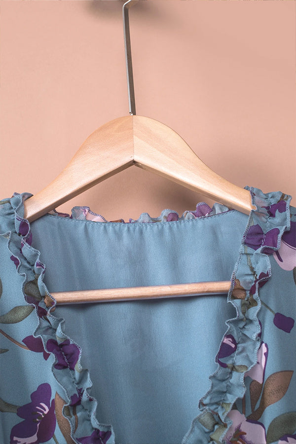Light Blue Print Ruffle Trim Maxi Dress