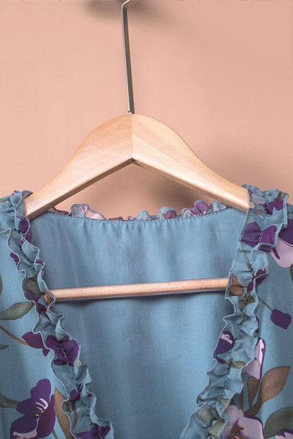 Light Blue Print Ruffle Trim Maxi Dress