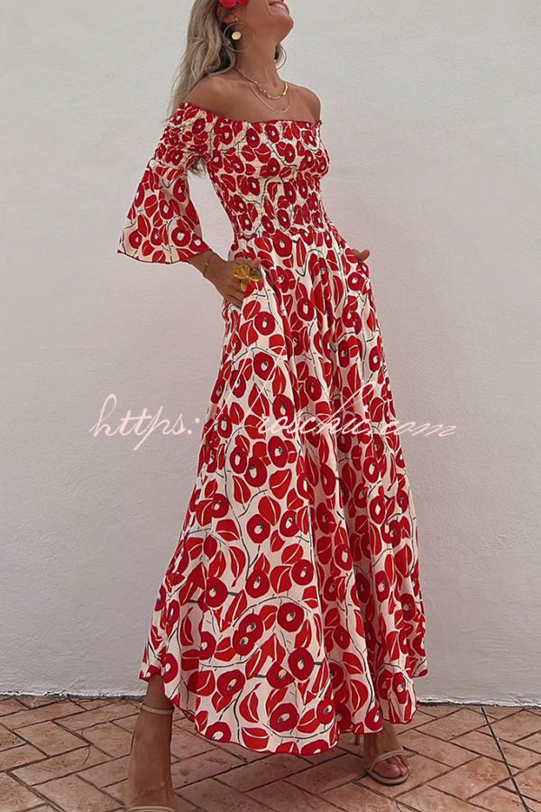 Close to the Vacation Print Smocked Off Shoulder Pocketed Maxi Dress