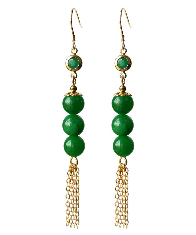 Green Sterling Silver Overgild 14k Gold Jade Tassel Drop Earrings