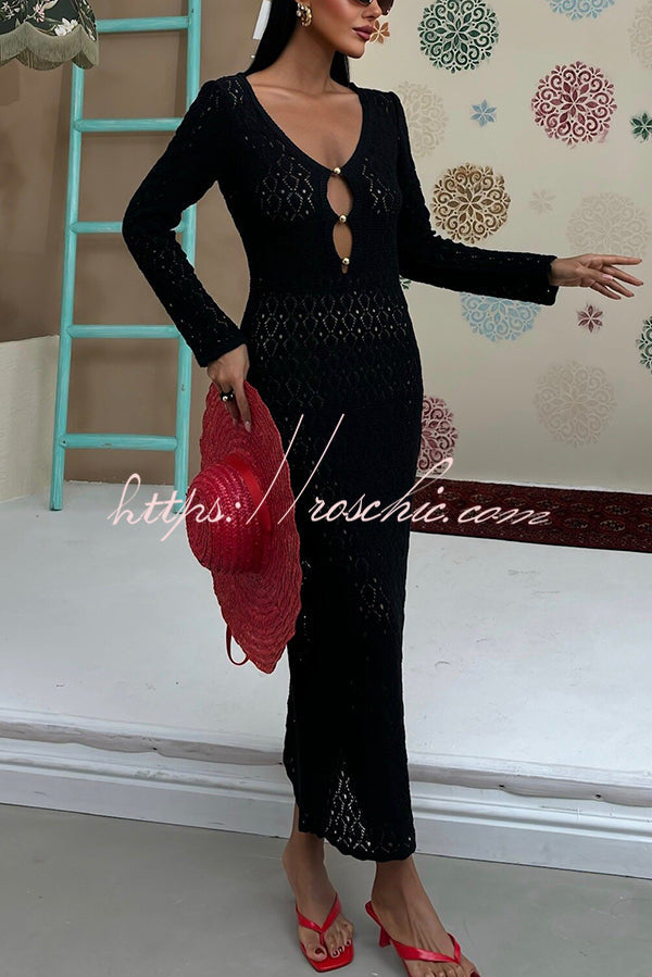 V-neck Long-sleeved Hollow Slim Maxi Dress