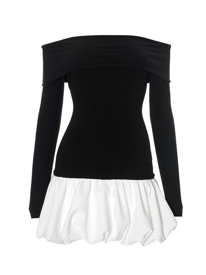 High Waisted Long Sleeves Contrast Color Pleated Split-joint Off-the-shoulder Mini Dresses