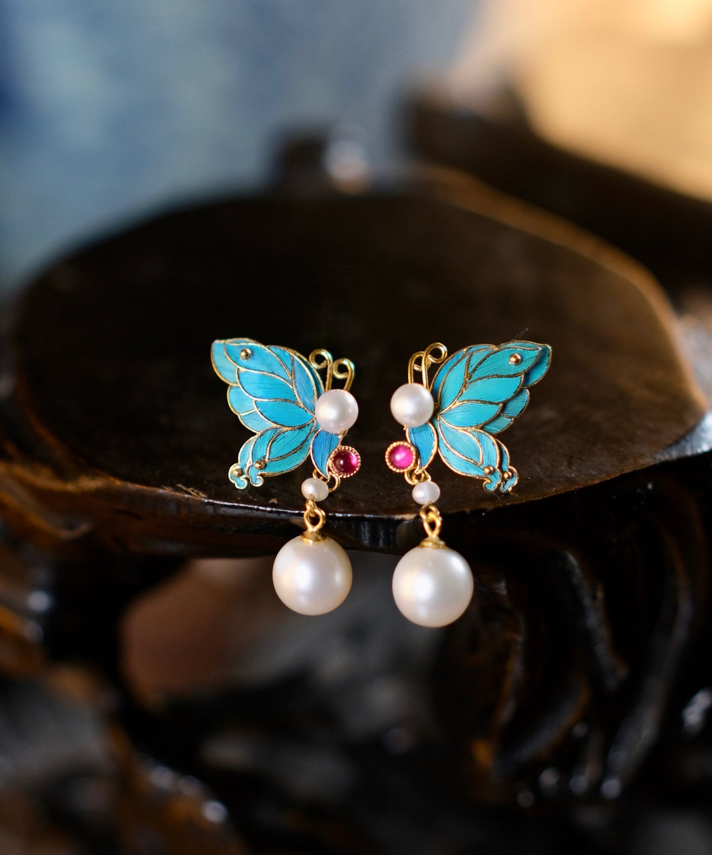 Blue Sterling Silver Overgild Pearl Butterfly Drop Earrings