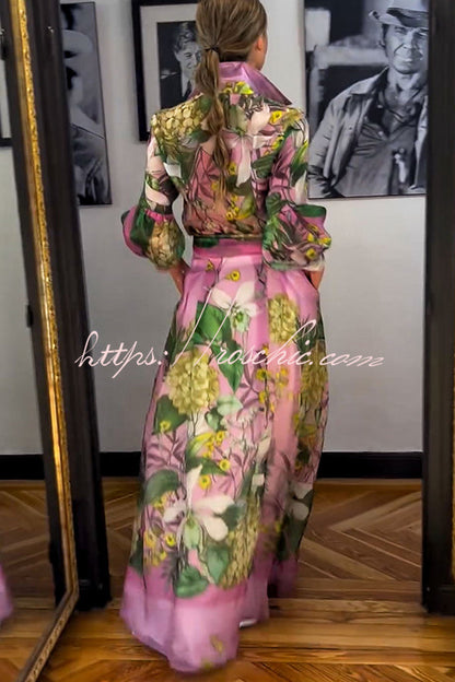 Seeds of Happiness Tulle Print Balloon Sleeve Belt Blouse
