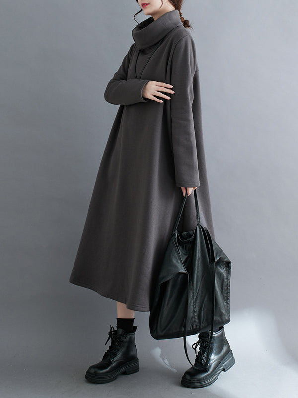 A-line Long Sleeves Asymmetric Color Zipper High Neck Midi Dresses