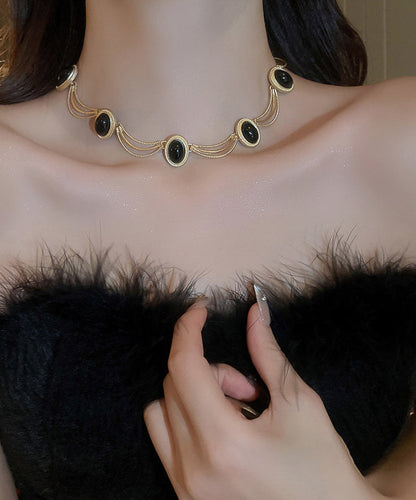 Black Alloy Gem Stone Drop Earrings and Princess Necklace Two-piece Set
