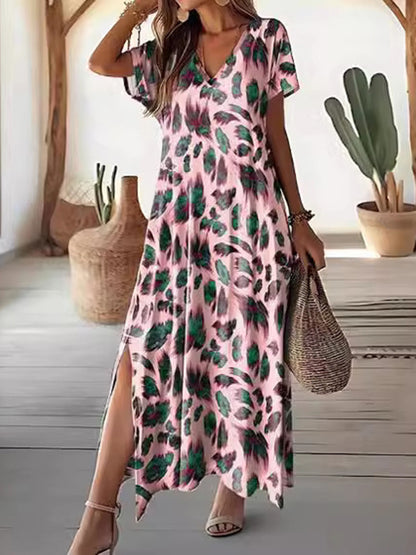 Loose Short Sleeves Printed Split-side V-neck Maxi Dresses