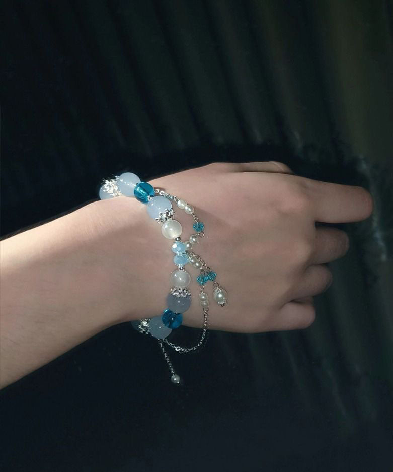 Blue Sterling Silver Pearl Tassel Charm Bracelet