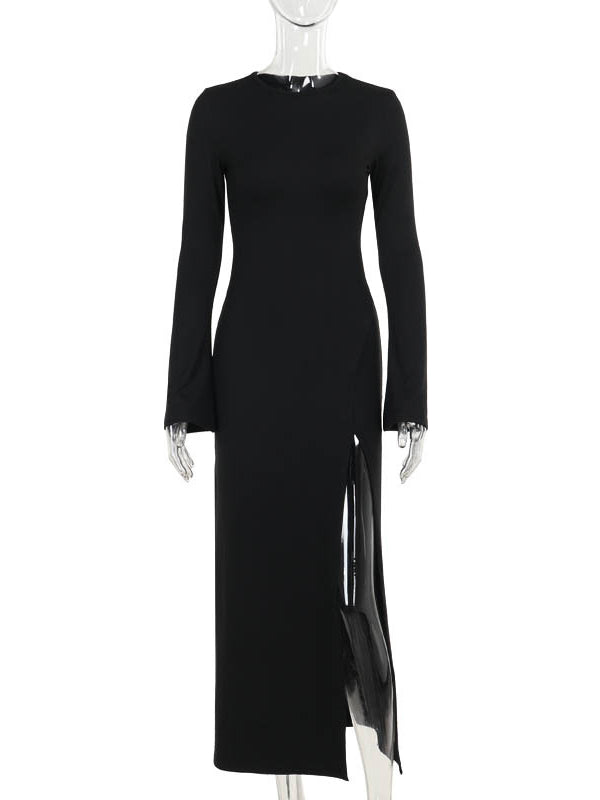 Long Sleeves Loose Asymmetric Color Split-joint Split-side Round-neck Maxi Dresses
