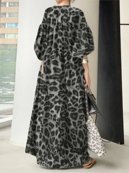 Leopard Print Long Dresses Temperament V-neck Puff Sleeves Loose Dress Style Vestidos Spring New
