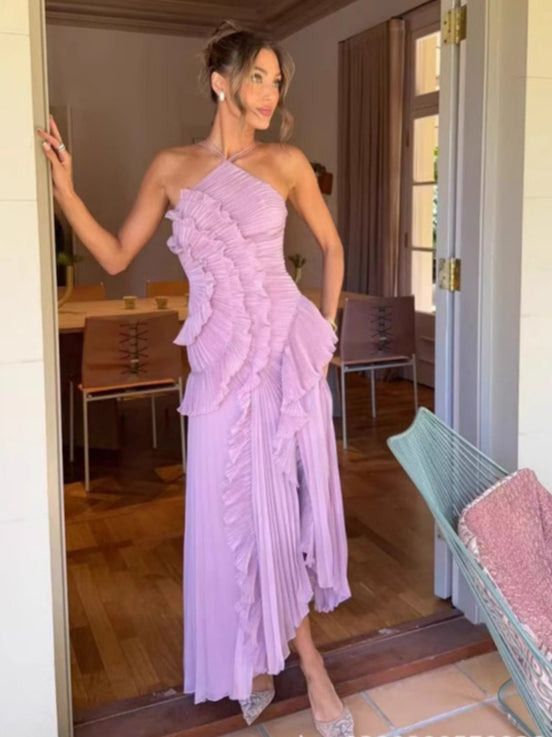 Halter Neck Pleated Maxi Dress High-quality Purple Vacation Dress