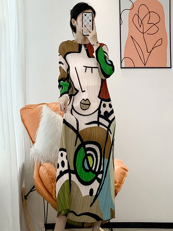 Original Loose Long Sleeves Cartoon Face Printed Contrast Color Pleated Round-neck Midi Dresses