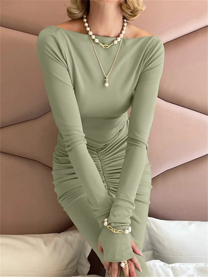 Pleated Slim Long Dress for High Waist Patchwork Long Sleeve Bodycon Dress Female Party Dress New