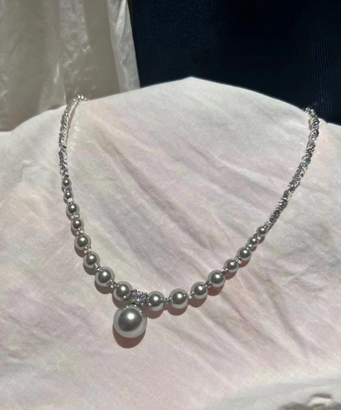 New Grey Sterling Silver Zircon Pearl Beading Pendant Necklace