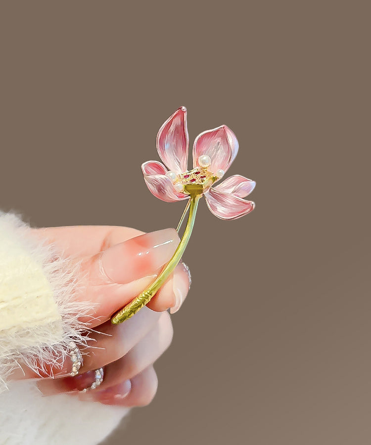 Pink Copper Alloy Pearl Lotus Brooches