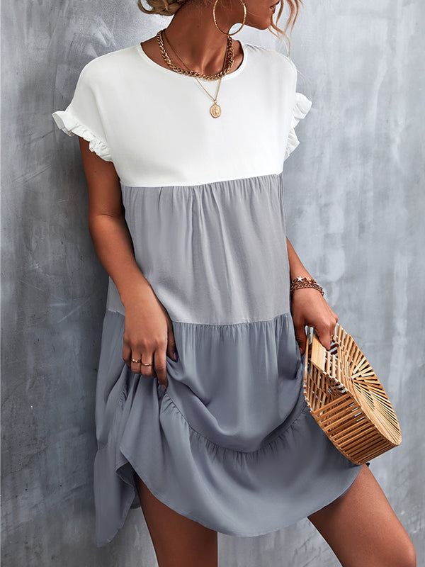 Loose Ruffle Sleeves Contrast Color Falbala Pleated Split-joint Round-neck Mini Dresses