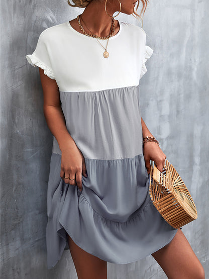 Loose Ruffle Sleeves Contrast Color Falbala Pleated Split-joint Round-neck Mini Dresses