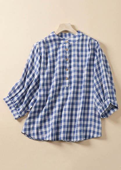 Grace Blue Plaid Stand Collar Cotton Blouses Bracelet Sleeve Qr023