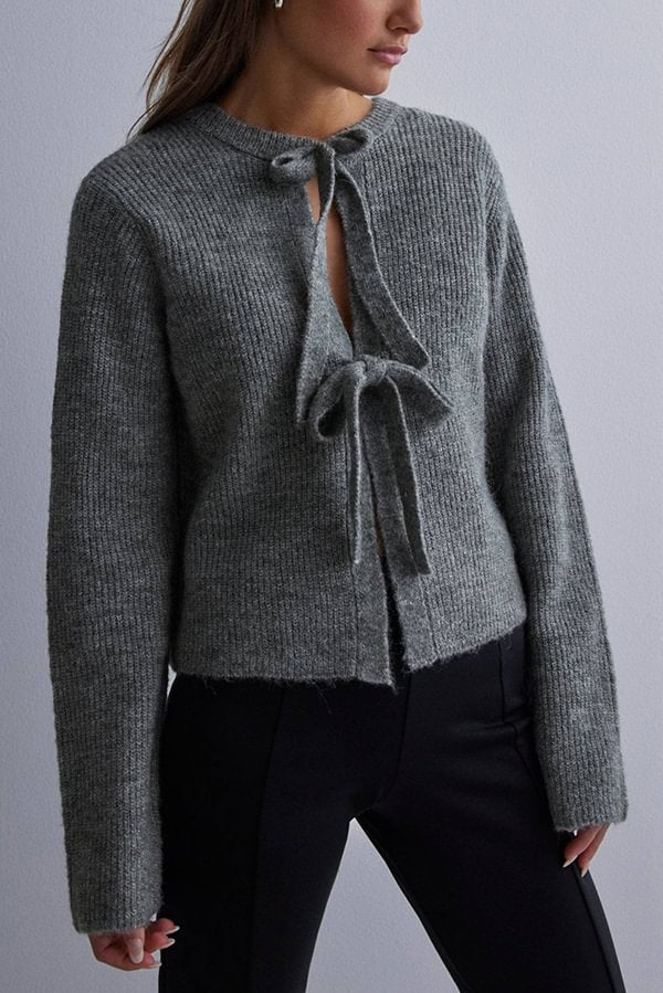 Color Loose Long Sleeve Lace-up Knitted Cardigan