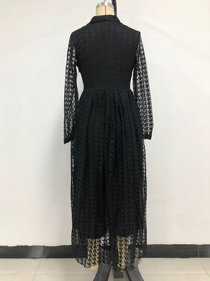 High Waisted Long Sleeves Buttoned Gauze See-through Color V-neck Maxi Dresses