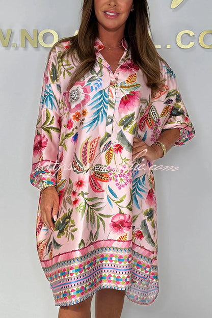 Print Long Sleeve Lapel Loose Mini Dress
