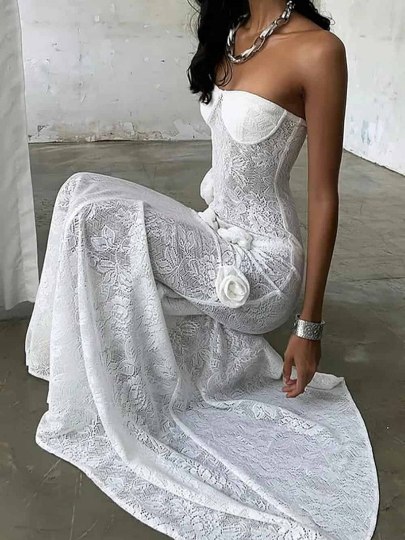3d Flower Decor Lace Fishtail Hem See Through Strapless Maxi Dress