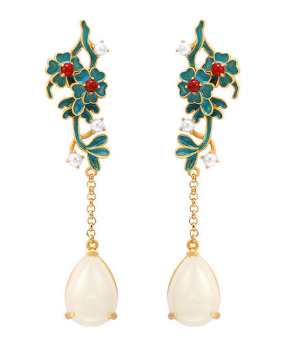 Gold Sterling Silver Jade Pearl Agate Tassel Drop Earrings