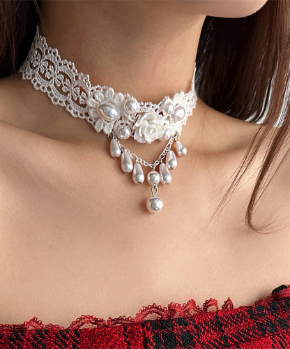White Acrylic Alloy Lace Pearl Water Drop Pendant Necklace