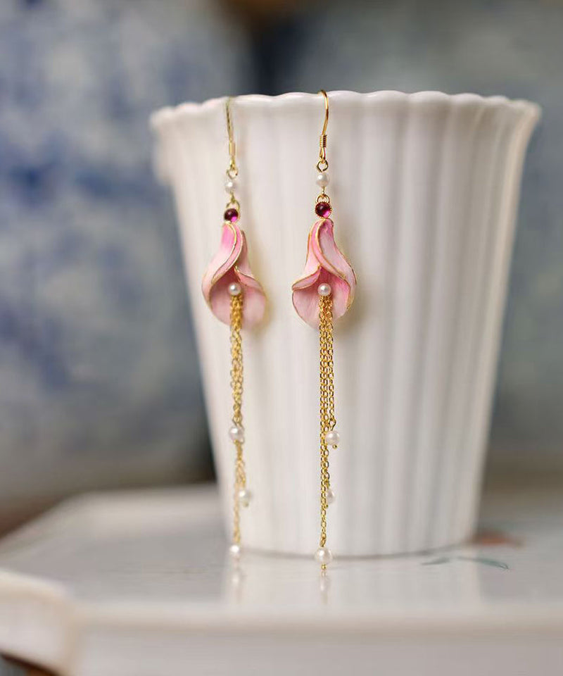 Pink Sterling Silver Overgild Pearl Horseshoe Lotus Tassel Drop Earrings