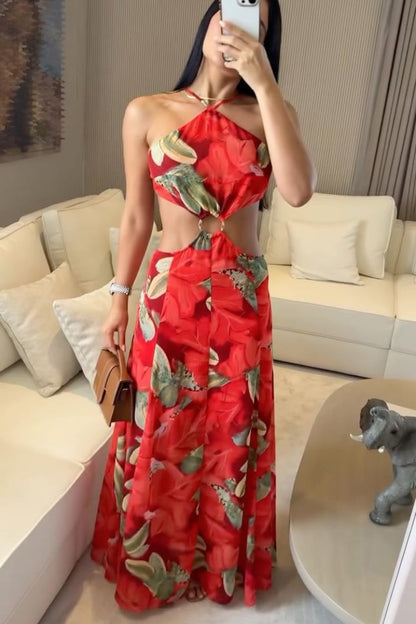 Sunshine Days Print Halter Neck Ring Cutout Waist Maxi Dress
