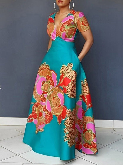 A-line Loose Printed Split-joint Deep V-neck Evening Dresses Maxi Dresses