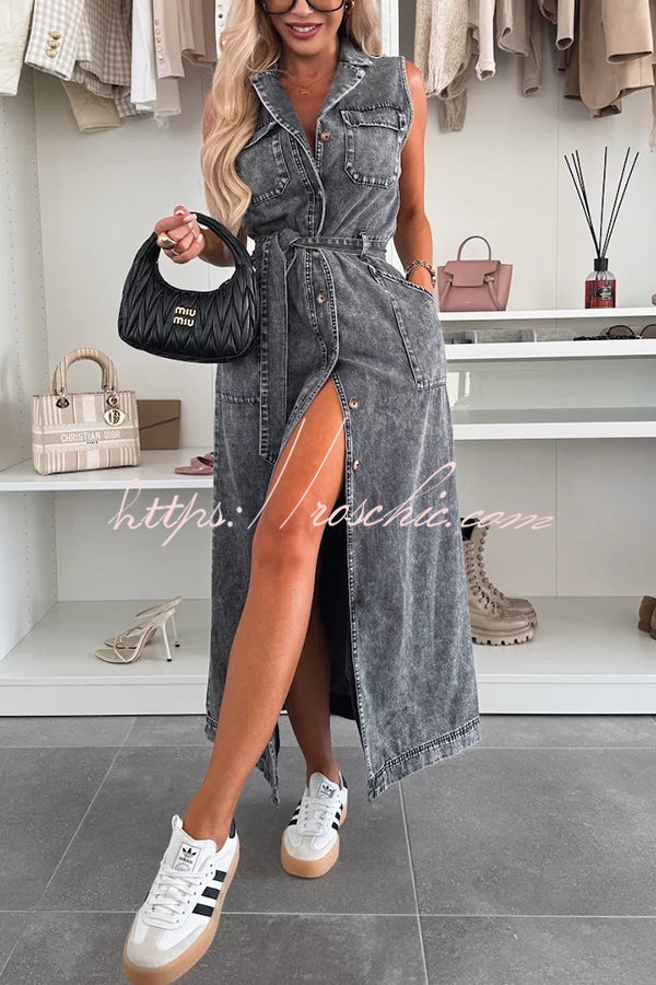 Color Sleeveless Single Breasted Waist Tie Pocket Denim Midi Dress