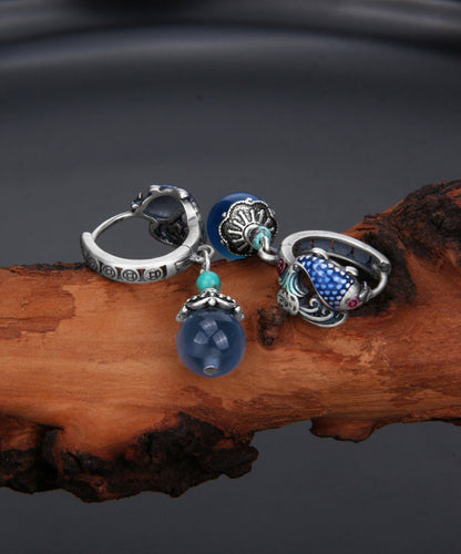 Blue Sterling Silver Cloisonne a Fish Leaping Over the Dragon Gate Drop Earrings