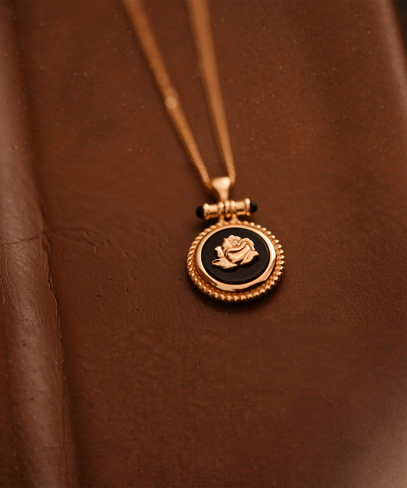 New Black Onyx Roses Adjustable14k Gold Pendant Necklace