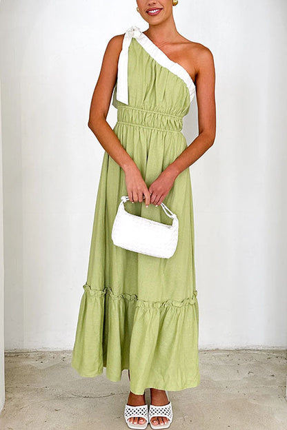 Tie Bow One Shoulder Waisted Ruffle Maxi Dress