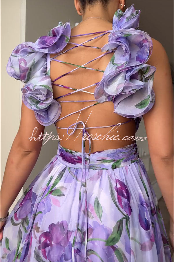 Whimsy Grace Tulle Ruffle Detail Back Lace-up Pleated Maxi Dress