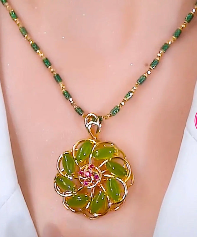 Green Sterling Silver Overgild Inlaid Pendant Necklace